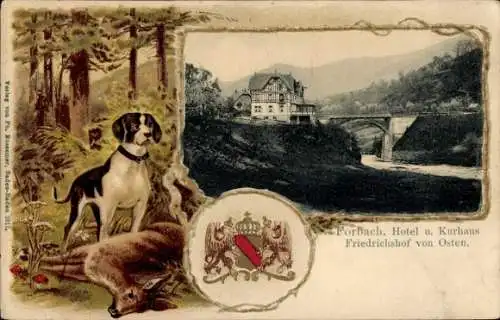 Präge Passepartout Ak Forbach im Schwarzwald, Hotel und Kurhaus Friedrichshof, Jagdhund, Reh