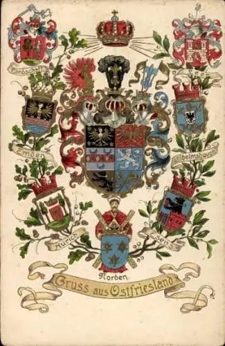 Wappen Ak Gruß aus Ostfriesland, Landschaft, Emden, Aurich, Norden, Esens, Wilhelmshaven, Leer