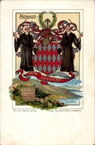 Wappen Litho Monte Carlo Monaco, Abtei, Mönche, Ritterhelm, Deo Juvante, Paul Kohl Chemnitz No.39