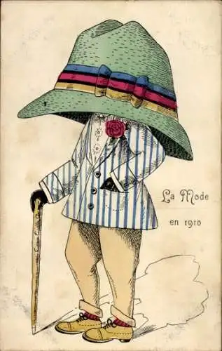 Litho La Mode en 1910, Mann in Anzug, Riesenhut