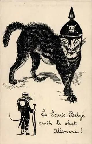 Künstler Ak La Souris Belge, le chat allemand, Wilhelm II als Katze, belgischer Soldat