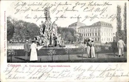 Ak Erlangen in Mittelfranken Bayern, Universität, Hugenottenbrunnen