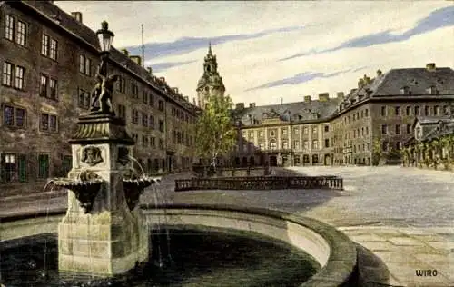 Künstler Ak Rudolstadt in Thüringen, Heidecksburg, Schlosshof, Brunnen