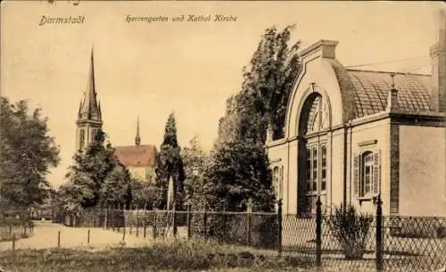 Ak Darmstadt in Hessen, Herrengarten und Katholische Kirche