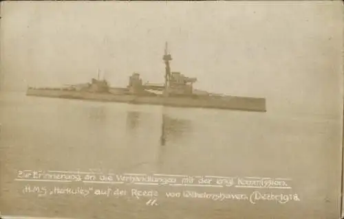 Foto Ak Wilhelmshaven, HMS Herkules auf der Reede, Verhandlungen der engl. Kommission Dez. 1918