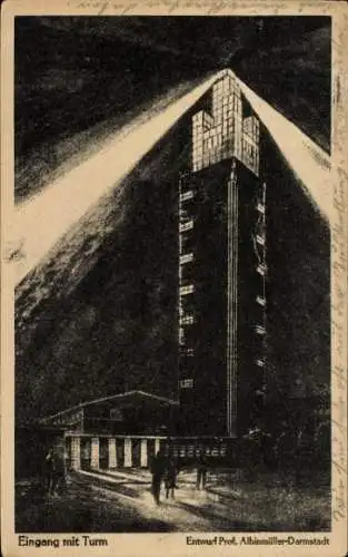 Ak Magdeburg, Deutsche Theater Ausstellung 1927, Eingang mit Turm, Nachtbeleuchtung