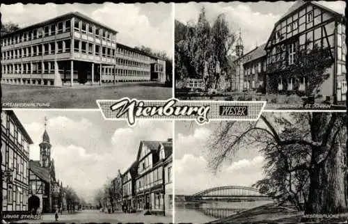 Ak Nienburg an der Weser, Kreisverwaltung, Lange Straße, Weserbrücke