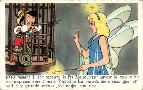 Künstler Ak Walt Disney, Pinocchio mit langer Nase, Blaue Fee