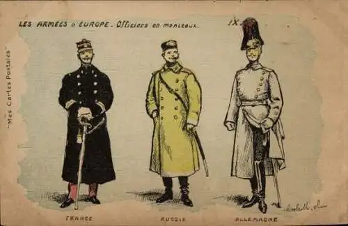 Künstler Ak Les Armees d'Europe, Officiers en manteaux, France, Russie, Allemagne