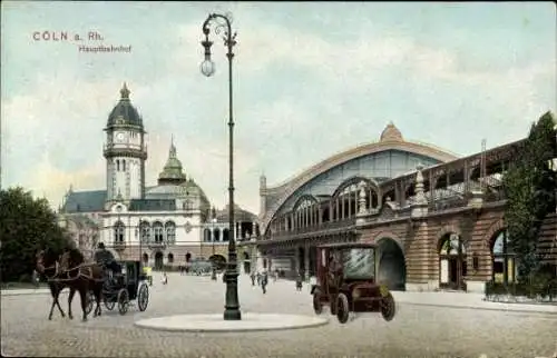 Ak Köln am Rhein, Hauptbahnhof, Kutsche, Auto