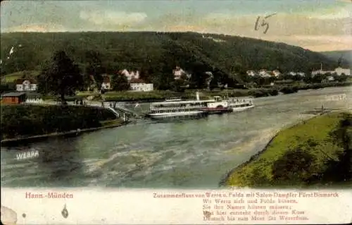 Ak Hann. Münden in Niedersachsen, Zusammenfluss von Werra und Fulda, Dampfer Fürst Bismarck