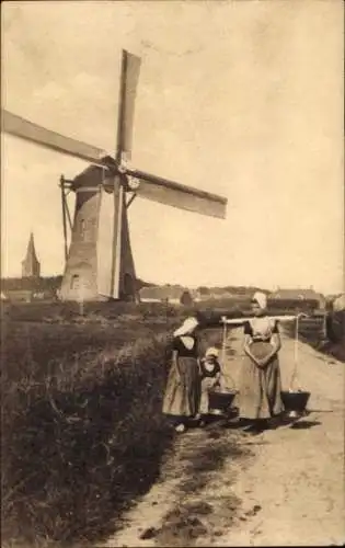 Ak Molenzicht, Dutch Milkmaid, Milchmädchen vor einer Windmühle