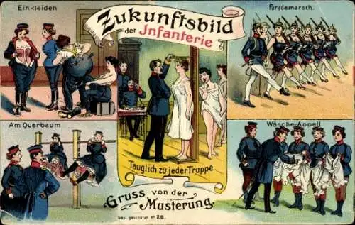 Litho Zukunftsbild der Infanterie, Gruß von der Musterung, Frauen beim Militär