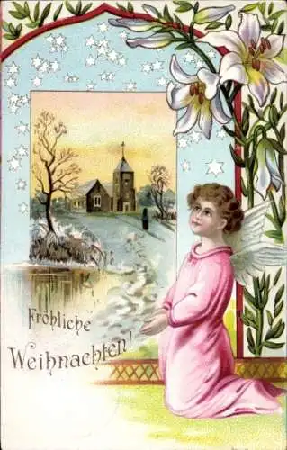 Präge Litho Glückwunsch Weihnachten, Betender Engel, Kirche, Lilien