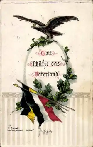 Präge Ak Gott schütze das Vaterland, Fahnen, Adler, Eichenlaub