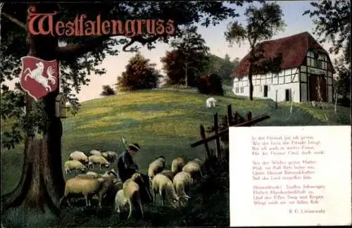 Ak Westfalengruß, Schäfer mit Schafsherde, Grönewald Gedicht, Wappen