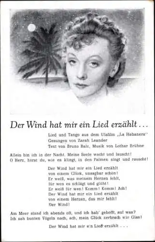 Lied Ak Der Wind hat mir ein Lied erzählt von Zarah Leander, Portrait, Ufa Film La Habanera