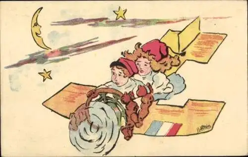 Künstler Ak Junge und Mädchen in Flugzeug, französische Flagge, Mondschein