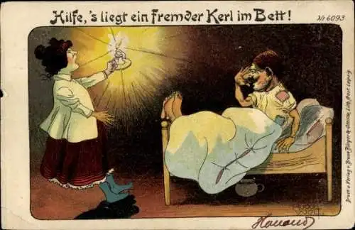 Künstler Litho Rudolf Wolf, Hilfe, 's liegt ein Fremder Kerl im Bett