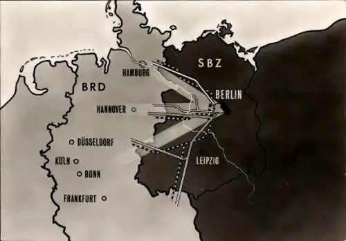 Landkarten Ak Verbindungslinie von Berlin nach Westdeutschland