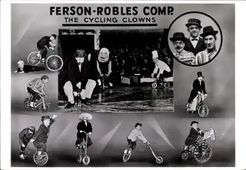 Ak Ferson Robles Comp., fahrradfahrende Clowns