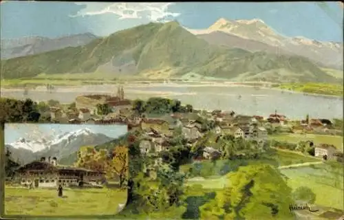 Litho Tegernsee in Oberbayern, Gesamtansicht, Bauer in der Au