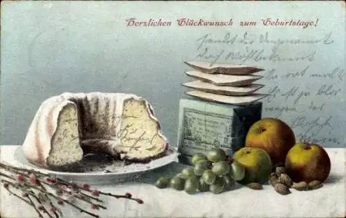 Ak Glückwunsch Geburtstag, Kuchen, Äpfel, Weintrauben, Nüsse, Schokolade