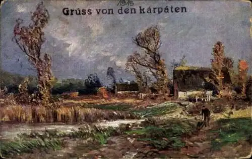 Künstler Ak Landschaft, Mann mit Schubkarre, Häuser