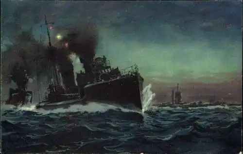 Künstler Ak Deutsche Kriegsschiffe, Torpedoboote und Unterseeboote an der Front, 1914