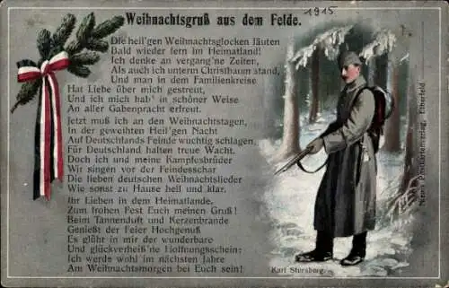 Ak Frohe Weihnachten, Soldat auf Wachposten, Tannenzweig, Flaggenband