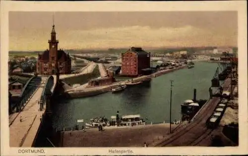 Ak Dortmund im Ruhrgebiet, Hafen, Boote, Brücke