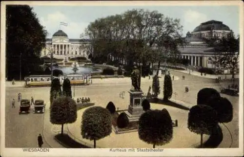 Ak Wiesbaden in Hessen, Kurhaus, Staatstheater, Denkmal, Straßenbahn