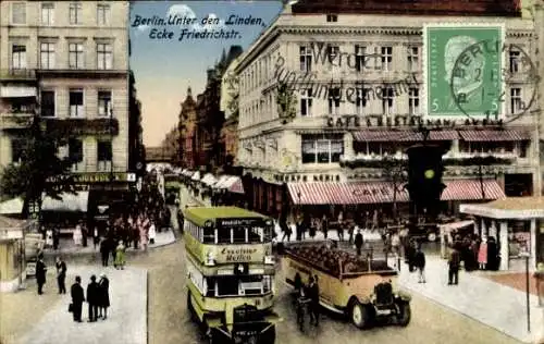 Ak Berlin Mitte, Unter den Linden, Ecke Friedrichstraße, Doppelstockbusse