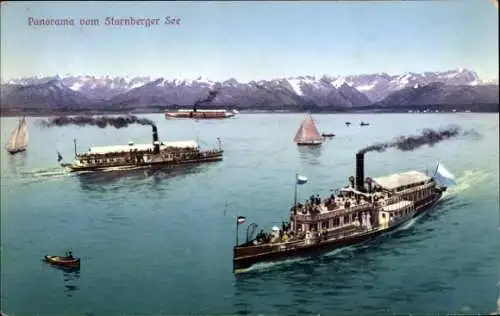 Ak Starnberg am Starnberger See Oberbayern, Dampfer, Boote, Gebirge