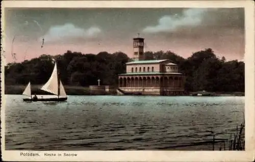 Ak Potsdam, Kirche in Sacrow, Segelboot