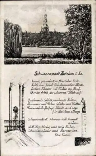 Ak Zwickau, Blick auf eine Fabrik, Turm, Gedicht