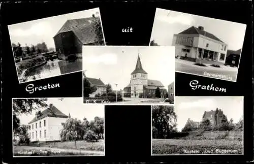 Ak Grathem Limburg Niederlande, Kasteel Ten Hove, R.K. Kerk, Gemeentehuis