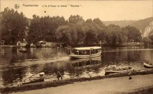 Ak Anseremme Dinant Wallonien Namur, L'ile d'amour et bateau "Mouettes".