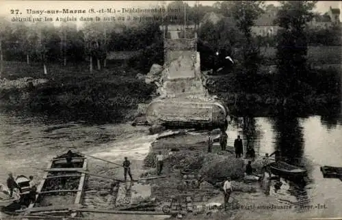 Ak Ussy sur Marne Seine et Marne, Räumung der von den Engländern zerstörten Brücke