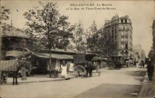 Ak Billancourt Hauts de Seine,  Le Marché et la Rue du Vieux-Pont-de-Sevres