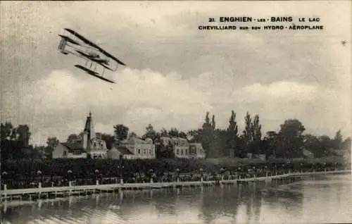 Ak Enghien les Bains Val d'Oise, Wasserflugzeug im Landanflug