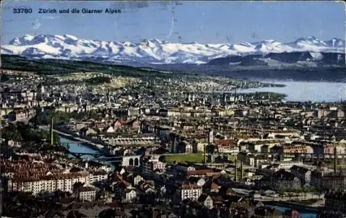 Ak Zürich Stadt Schweiz, Gesamtansicht, Glarner Alpen