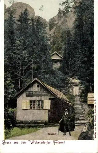 Ak Teplice nad Metují Wekelsdorf Reg. Königgrätz, Wekelsdorfer Felsen, Hütte, Eingang