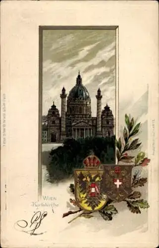 Präge Wappen Passepartout Litho Wien 4 Wieden, Karlskirche