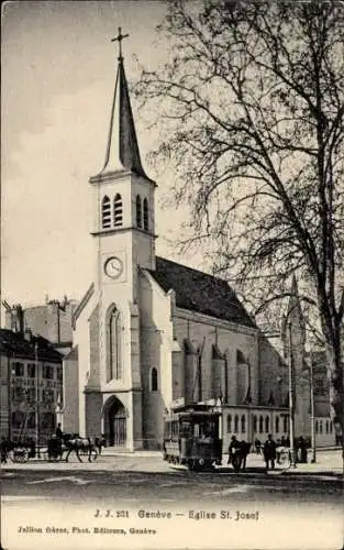 Ak Genf, Blick auf Kirche St. Joseph mit Straßenbahn