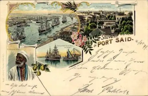 Litho Port Said Ägypten, Hafenpanorama, Teilansicht