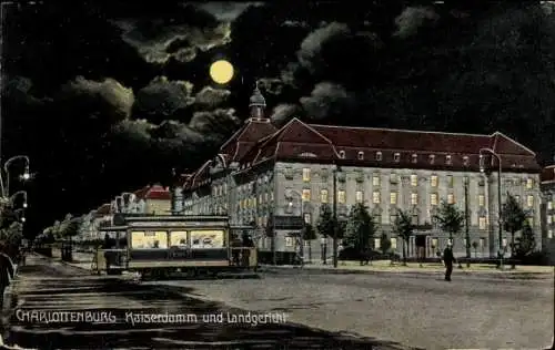 Ak Berlin Charlottenburg, Kaiserdamm und Landgericht, Mondschein, Straßenbahn