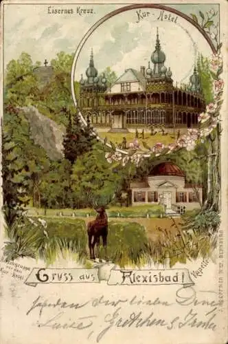 Litho Alexisbad Harzgerode am Harz, Kurhotel, Eisernes Kreuz, Kapelle, Hirsch