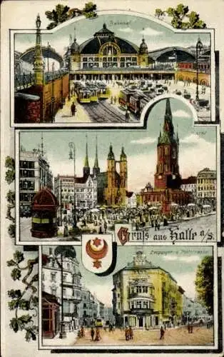 Ak Halle Saale, Bahnhof, Markt, Leipziger Straße und Poststraße