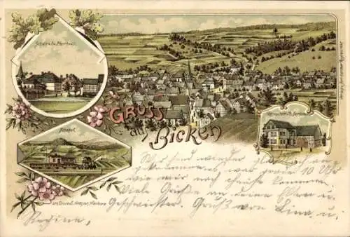 Litho Bicken Mittenaar Hessen, Gesamtansicht, Gasthaus, Bahnhof